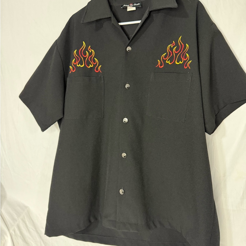 Johnny Suede Flame Embroidered Pocket Black Button-Up Shirt Men’s MADE IN USA